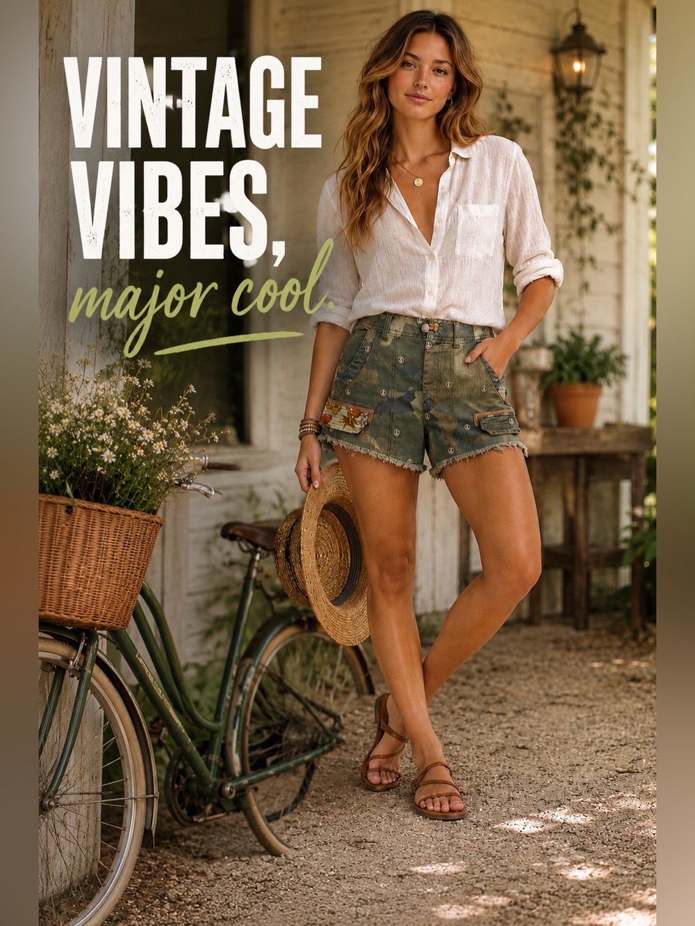 Pilcro Anthropologie Camo Peace Sign Embroidered Cargo Shorts 27 Boho CKB066 - Picture 5 of 16